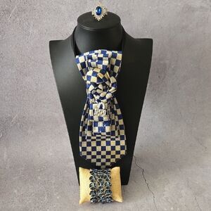 Blue and Gold Checkered Tie with Matching Jewelry